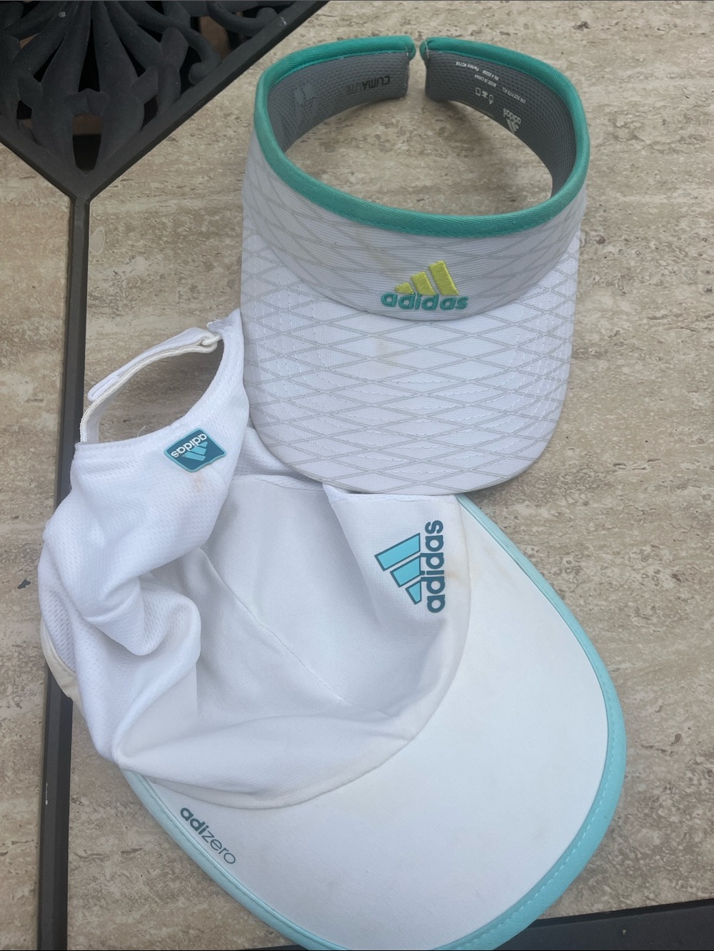 Adidas White and Teal Athletic Running Baseball Cap AND visor. 2 hats
